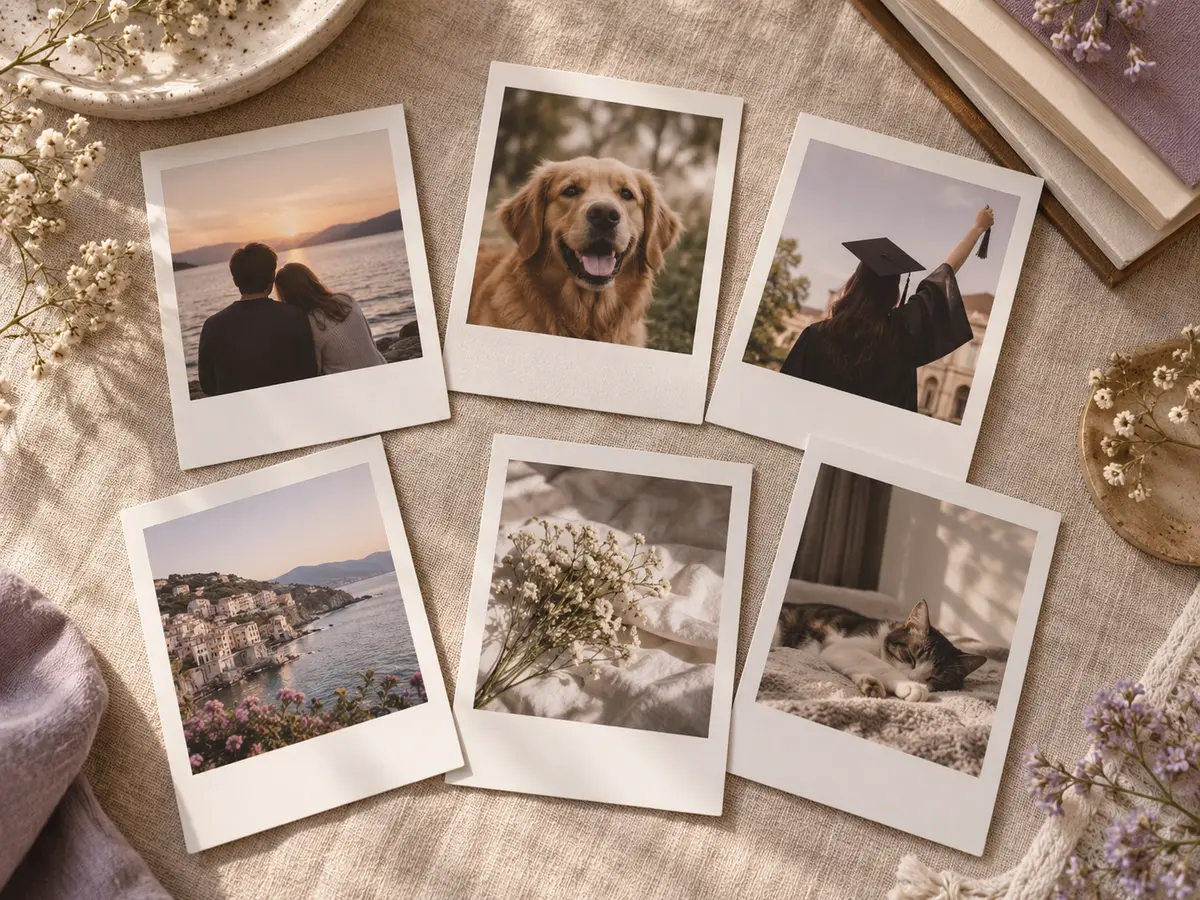 Polaroids personalizadas com memórias de casal, pet e formatura