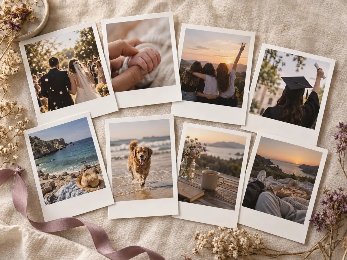 Oito fotos Polaroid personalizadas com casamento, bebê, amigos, viagem, pet e formatura
